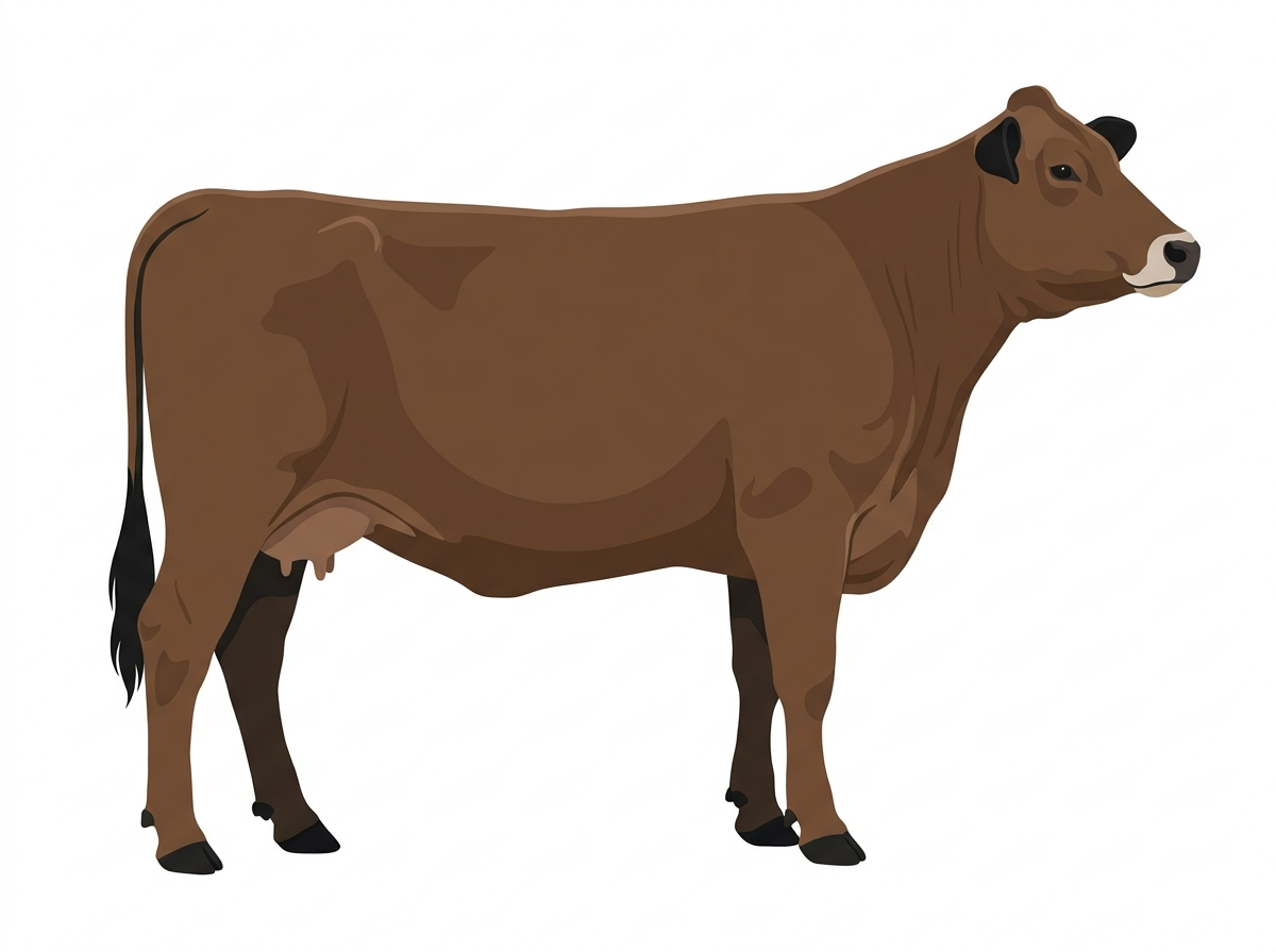 Brown with black points and a pale muzzle ring and lighter underline Braunvieh Cross Cow