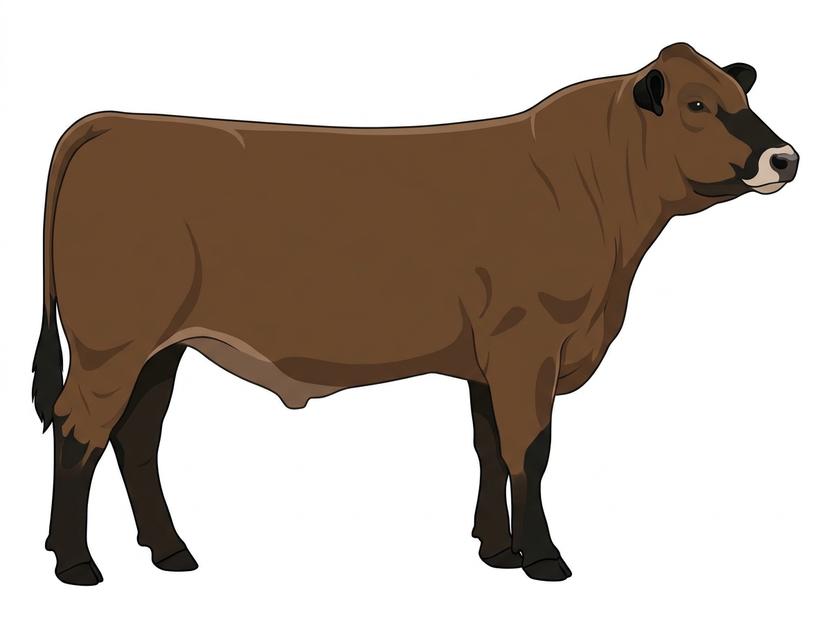 Brown with black points and a pale muzzle ring and lighter underline Braunvieh Cross Steer
