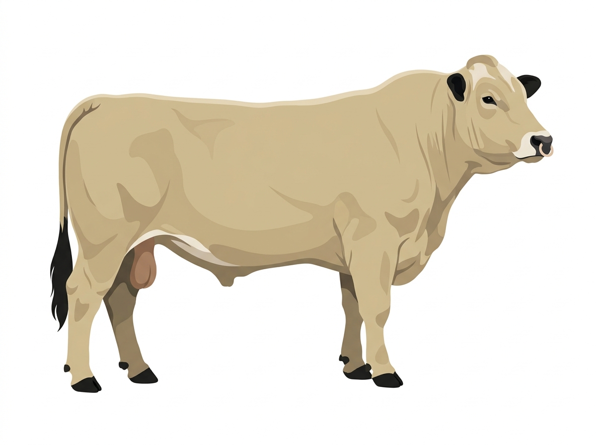 Cream with black points, a pale muzzle ring and lighter underline and minimal white face markings Braunvieh Cross Bull