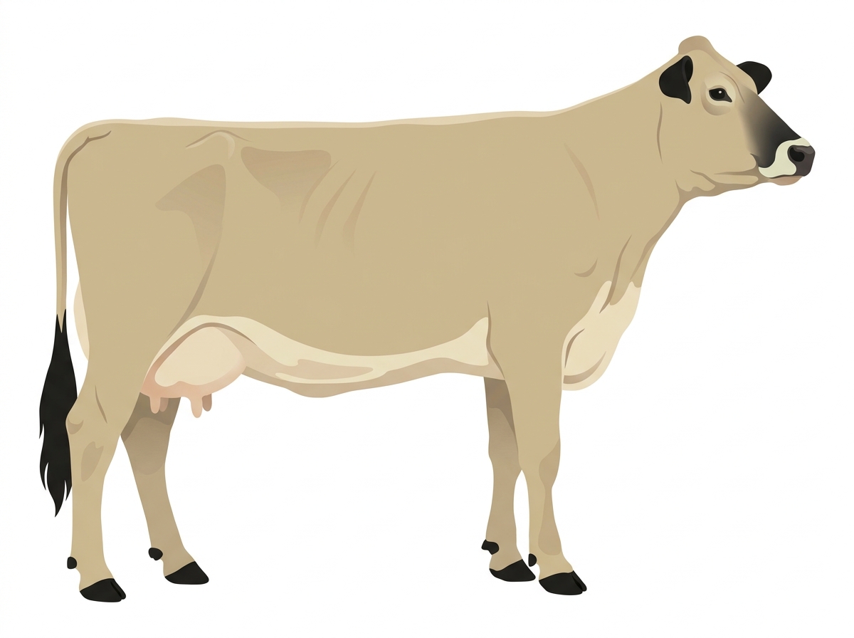 Cream with black points and a pale muzzle ring and lighter underline Braunvieh Cross Cow