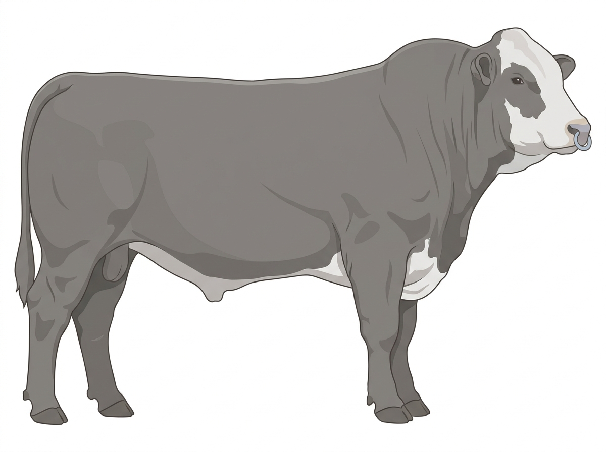 Gray with a pale muzzle ring and lighter underline and a partial white face Braunvieh Cross Bull