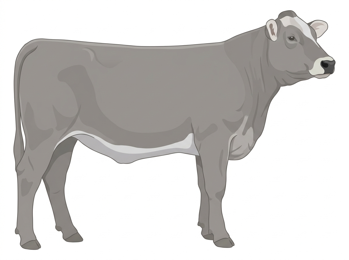 Gray with a pale muzzle ring and lighter underline and a partial white face Braunvieh Cross Heifer
