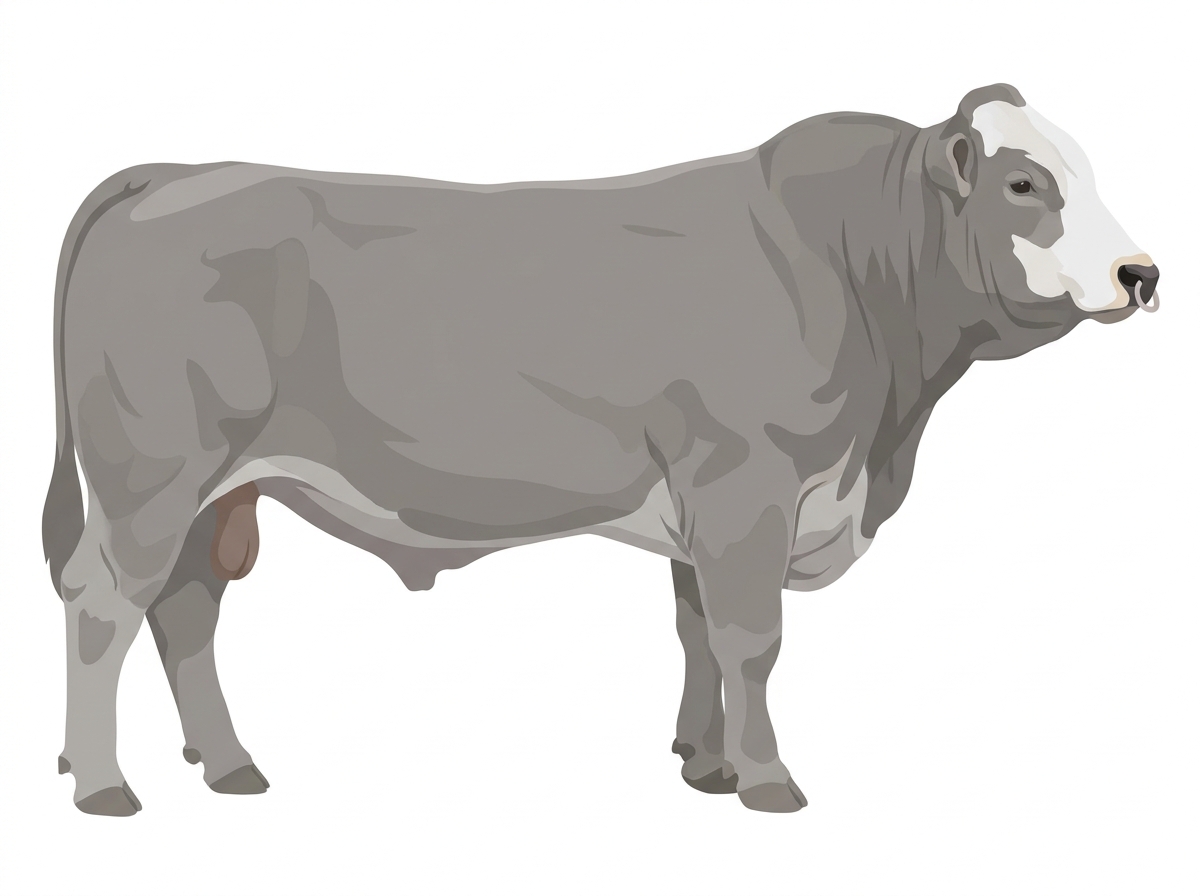 Gray with a pale muzzle ring and lighter underline and a white face Braunvieh Cross Bull
