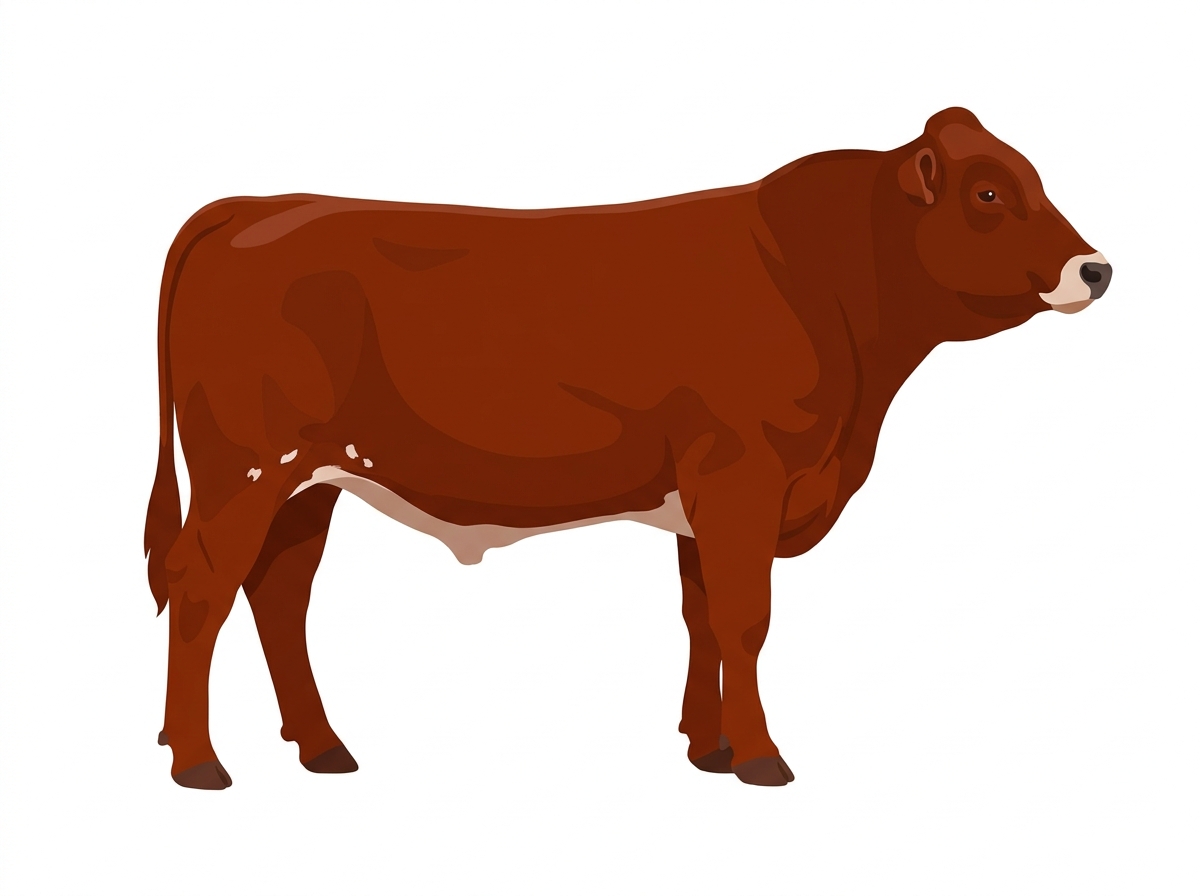 Red with a pale muzzle ring and lighter underline and a few white spots Braunvieh Cross Bull