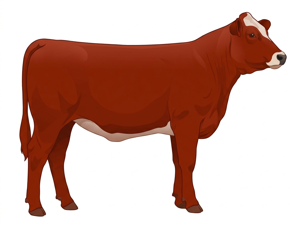 Red with a pale muzzle ring and lighter underline and a partial white face Braunvieh Cross Heifer