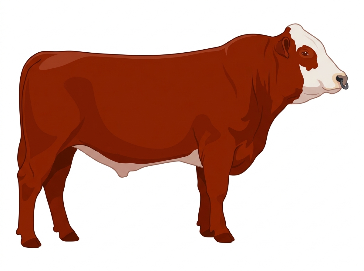 Red with a pale muzzle ring and lighter underline and a white face Braunvieh Cross Bull