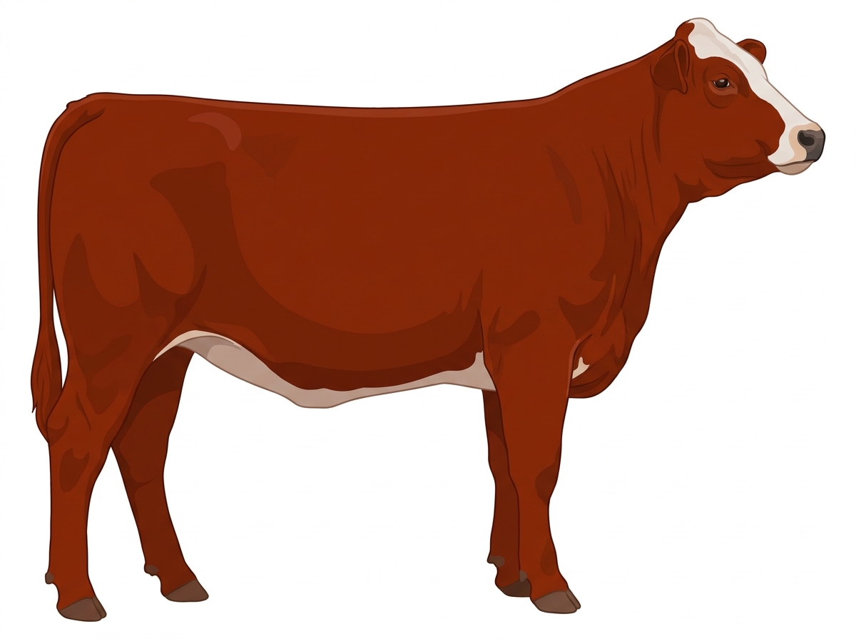 Red with a pale muzzle ring and lighter underline and a white face Braunvieh Cross Heifer
