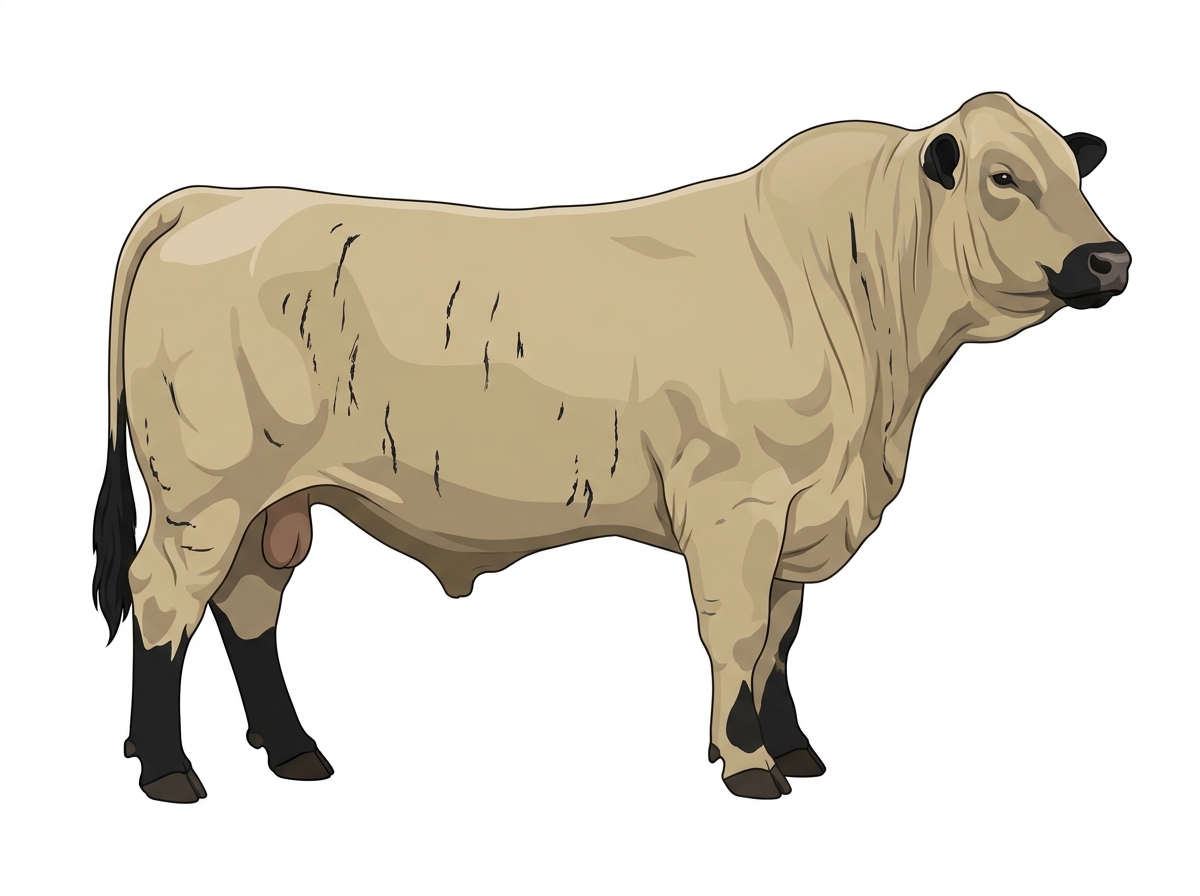 Cream brindle with faint black striping and black points Charbray Bull