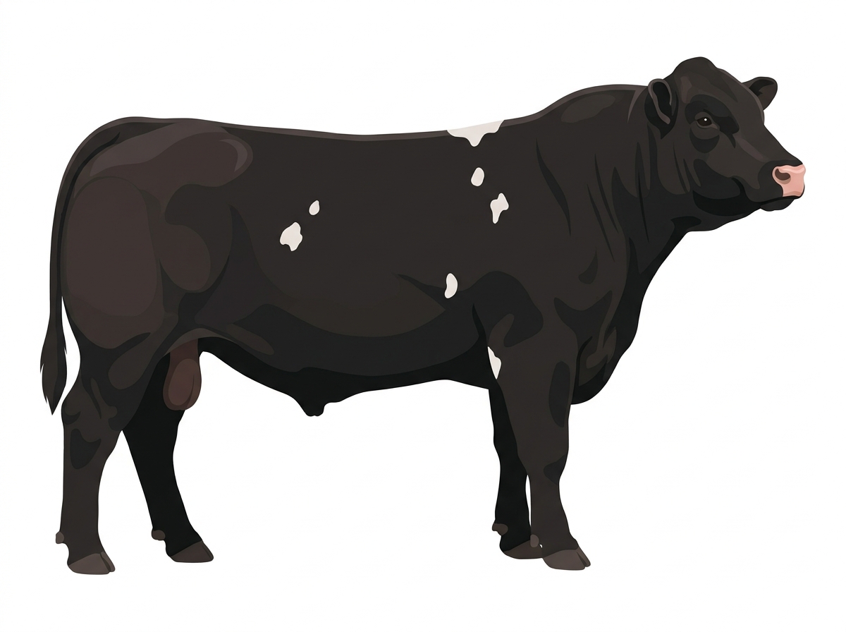 Black with a few white spots Charolais Cross Bull