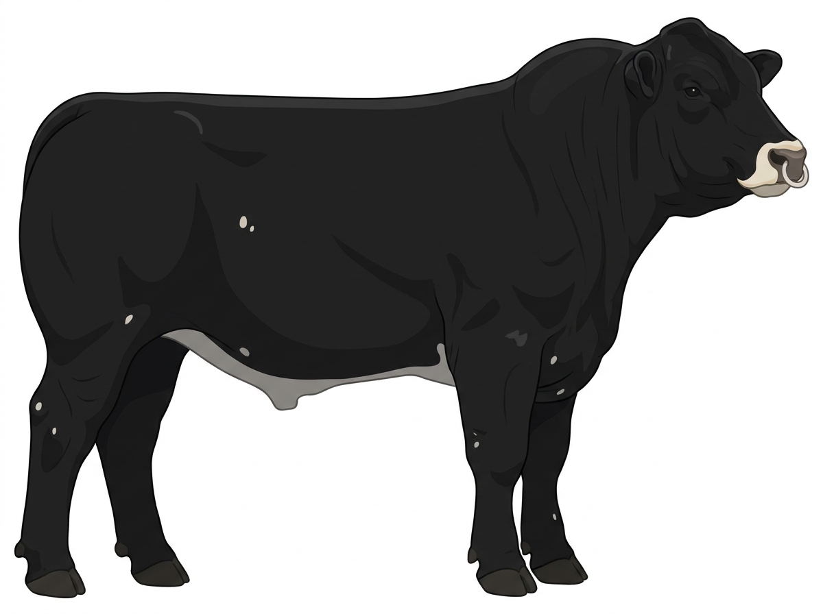 Black with a pale muzzle ring and lighter underline and a few white spots Charolais Cross Bull
