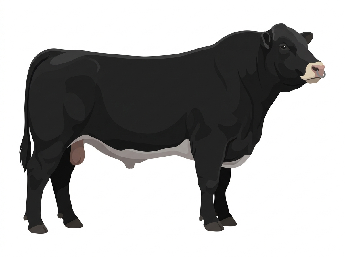 Black with a pale muzzle ring and lighter underline Charolais Cross Bull