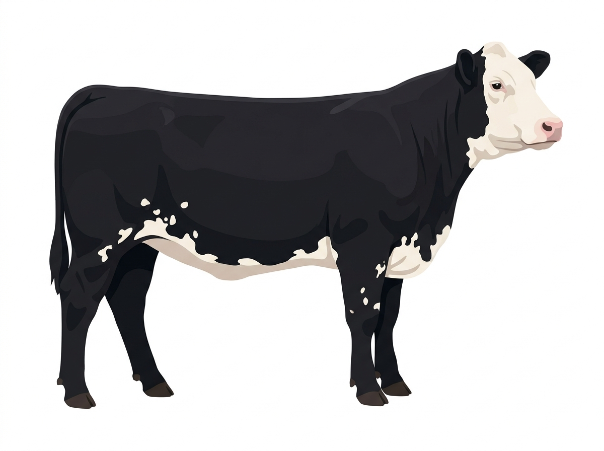Black with a partial white face and a few white spots Charolais Cross Heifer