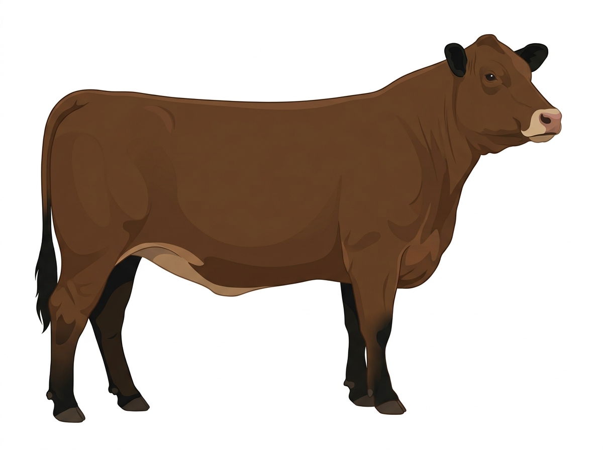 Brown with black points and a pale muzzle ring and lighter underline Charolais Cross Heifer
