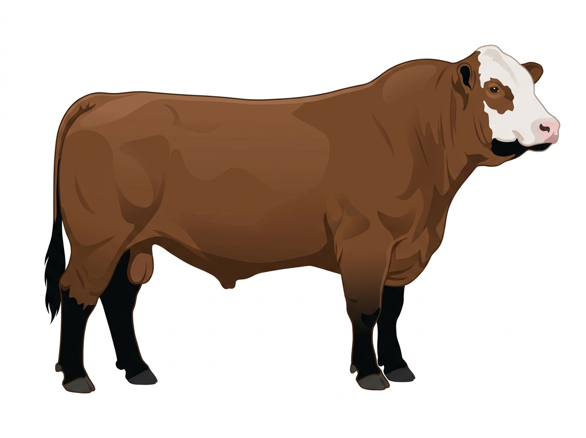 Brown with black points and a partial white face Charolais Cross Bull