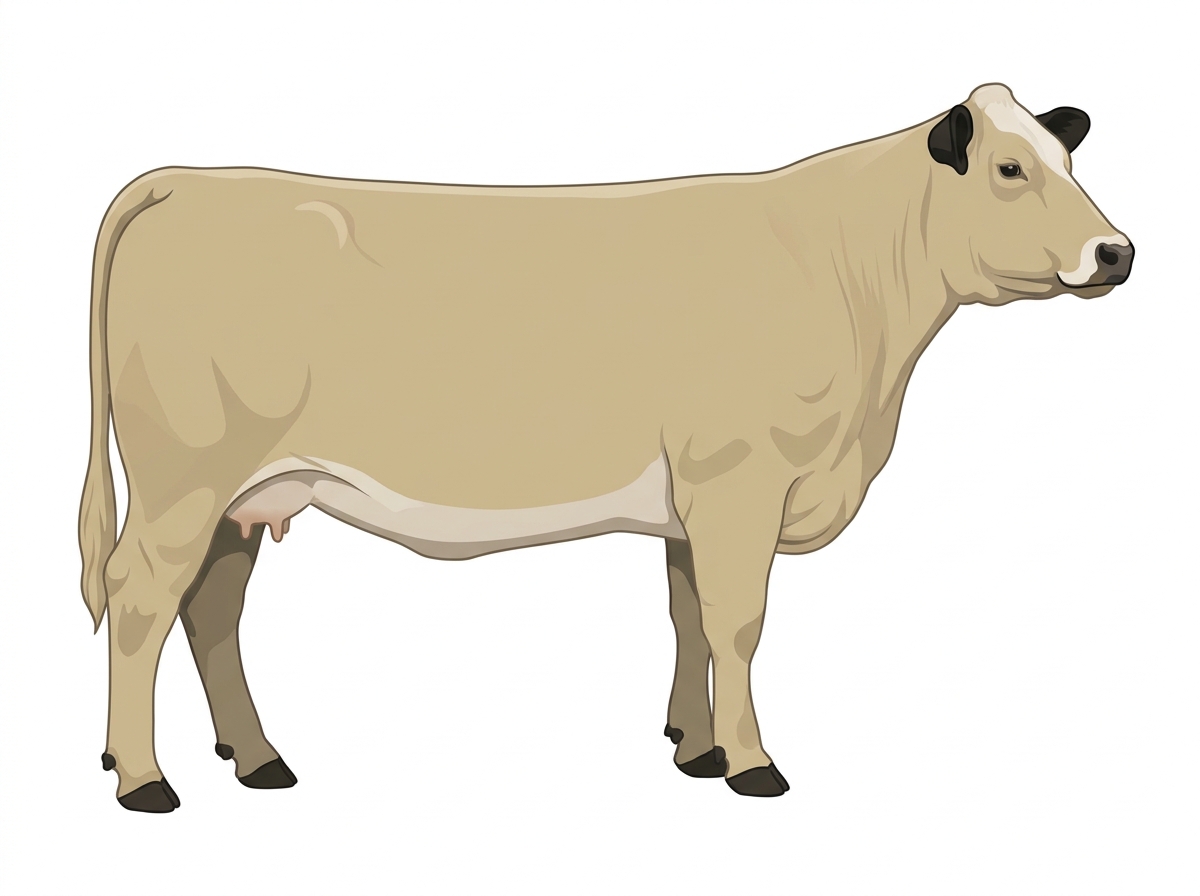 Cream with black points, a pale muzzle ring and lighter underline and a partial white face Charolais Cross Cow