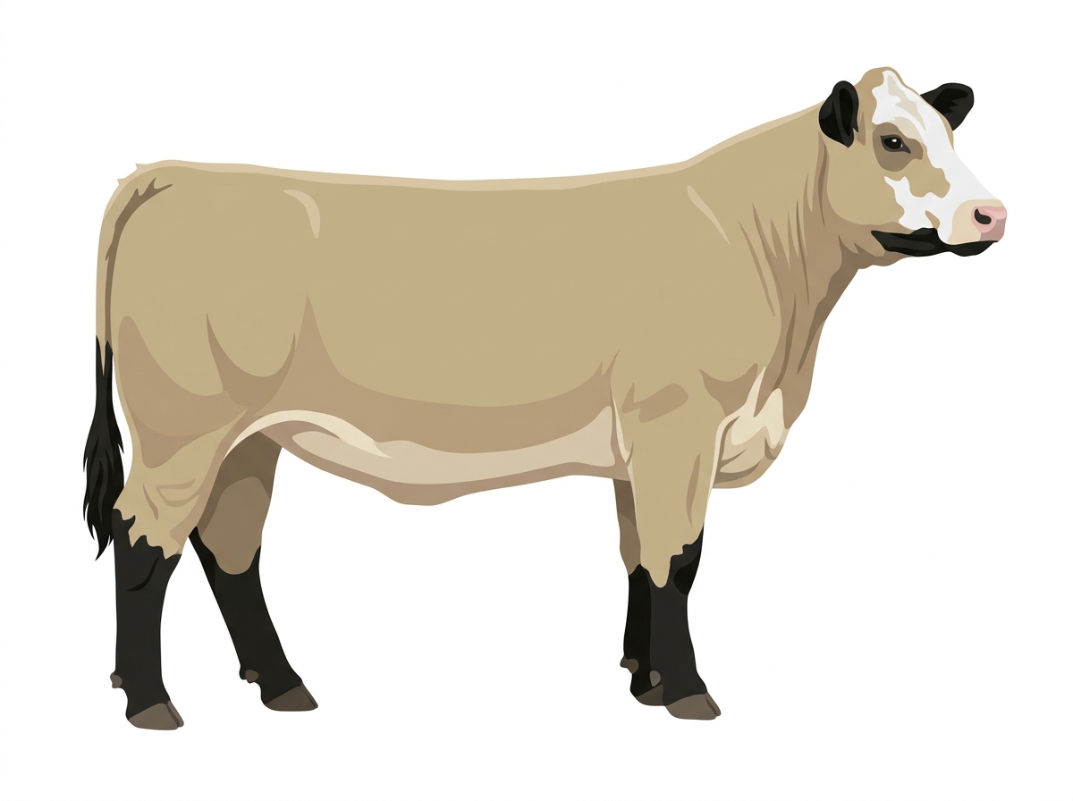 Cream with black points, a pale muzzle ring and lighter underline and a partial white face Charolais Cross Heifer