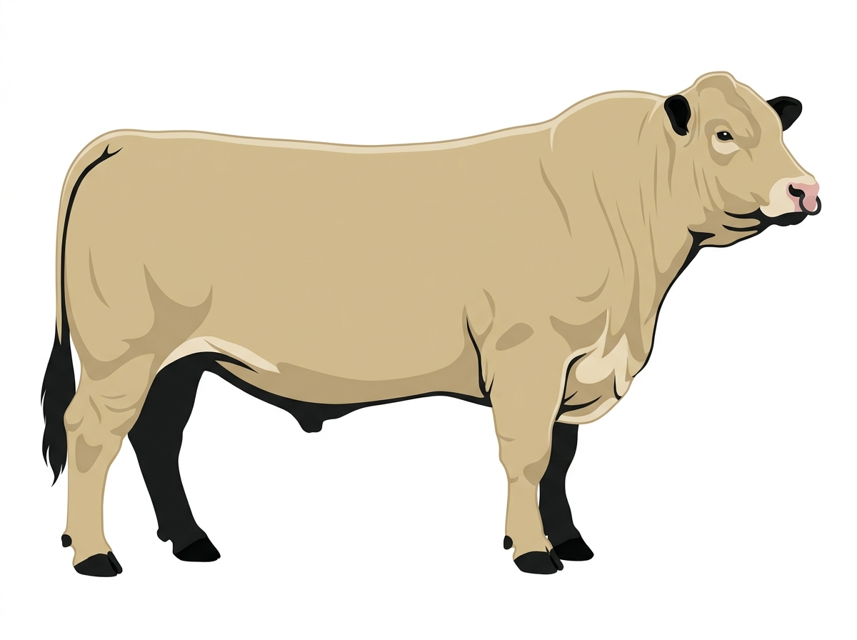 Cream with black points and a pale muzzle ring and lighter underline Charolais Cross Bull