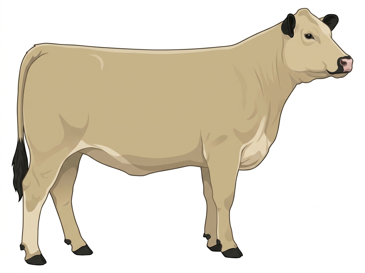 Cream with black points and a pale muzzle ring and lighter underline Charolais Cross Heifer