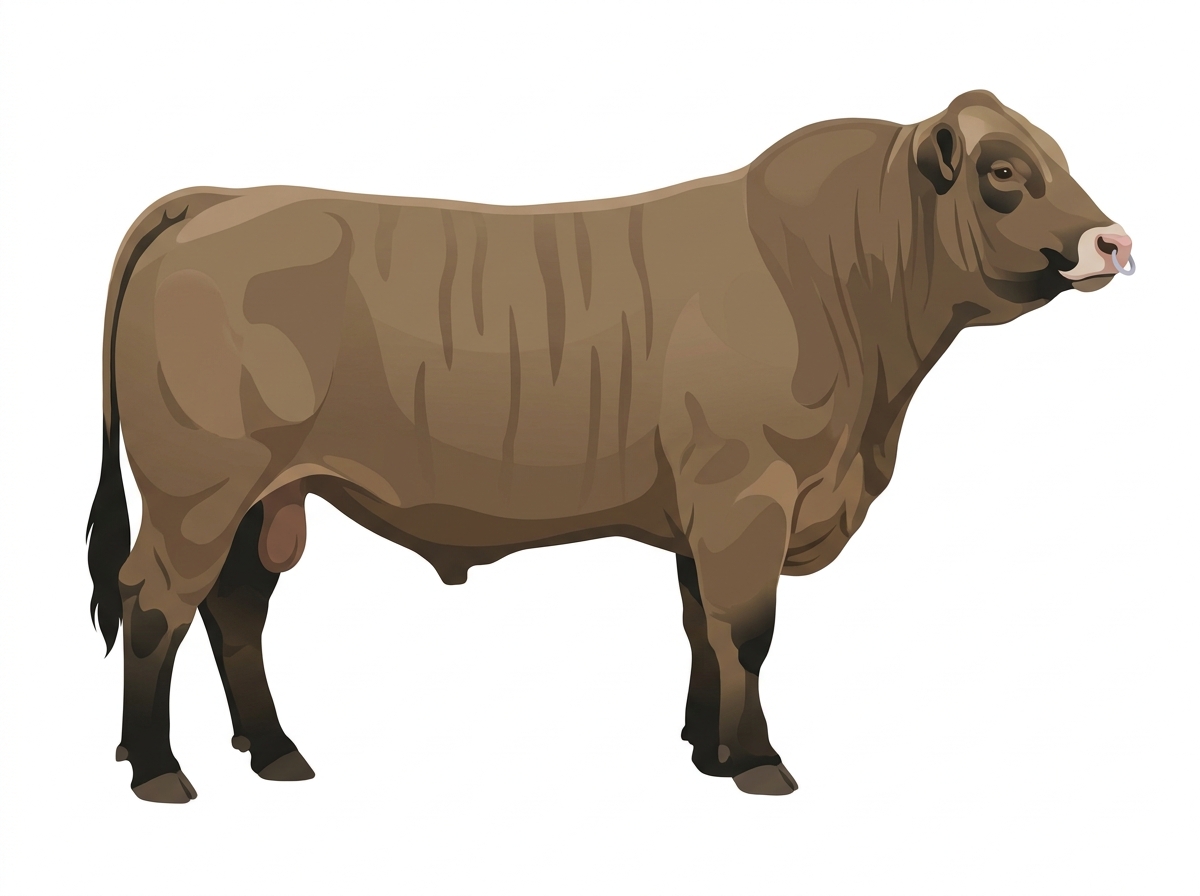 Dun brindle with faint black striping, black points and a pale muzzle ring and lighter underline Charolais Cross Bull