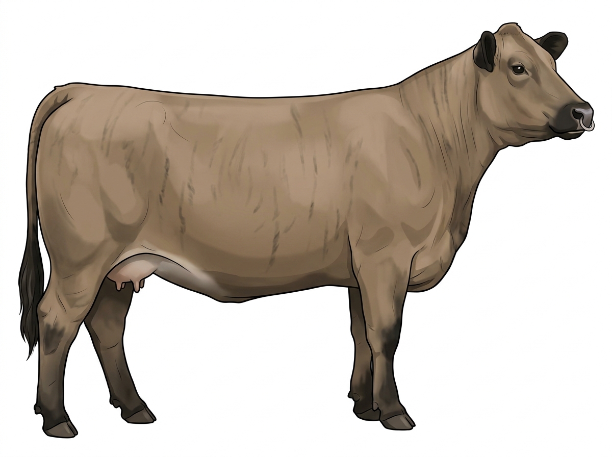 Dun brindle with faint black striping, black points and a pale muzzle ring and lighter underline Charolais Cross Cow