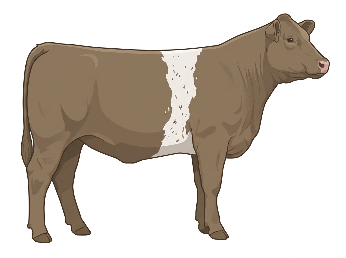 Dun with a white belt around the midsection and ticking in the white Charolais Cross Heifer