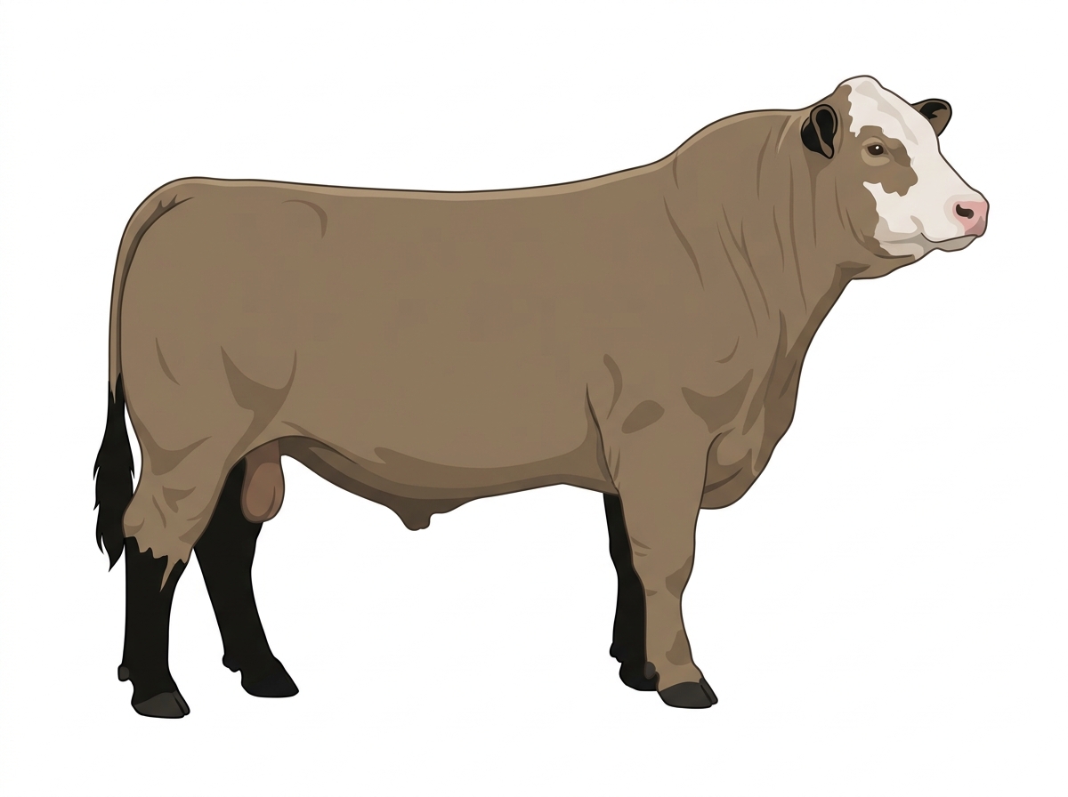Dun with black points and a partial white face Charolais Cross Bull