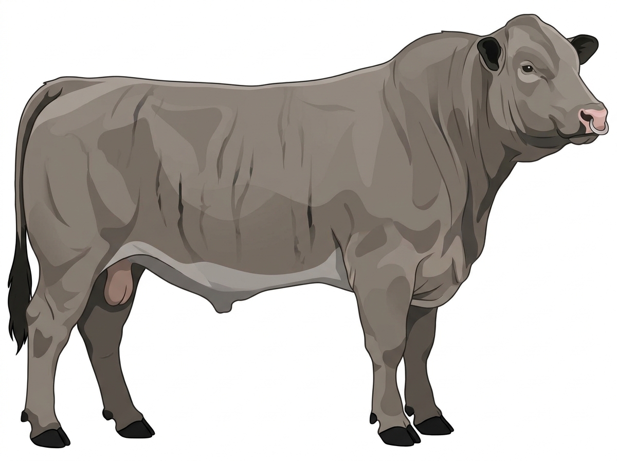 Gray brindle with faint black striping, black points and a pale muzzle ring and lighter underline Charolais Cross Bull