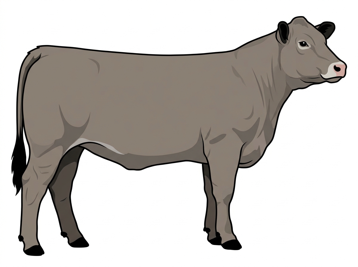 Gray with black points and a pale muzzle ring and lighter underline Charolais Cross Heifer