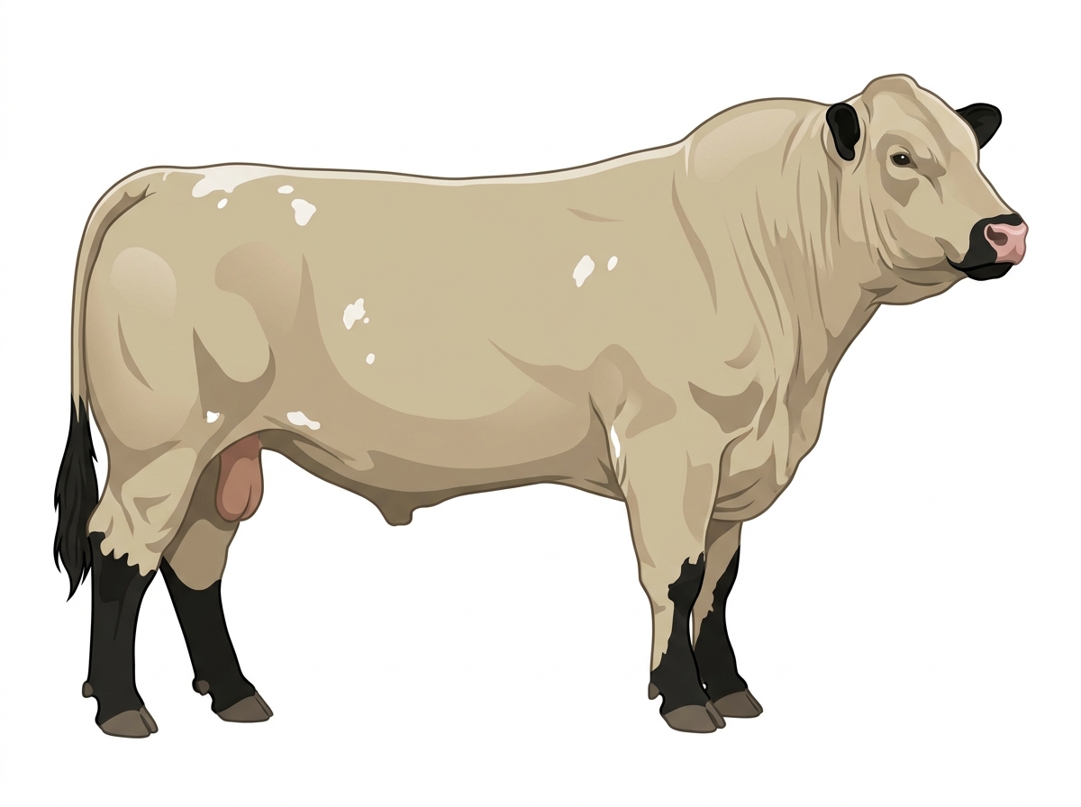 Light cream roan with black points and a few white spots Charolais Cross Bull
