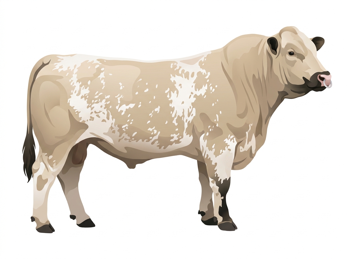 Light cream roan with black points and a pale muzzle ring and lighter underline Charolais Cross Bull