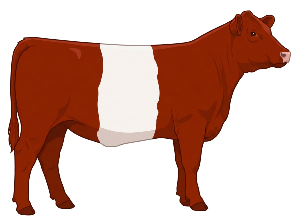 Red with a white belt around the midsection Charolais Cross Heifer