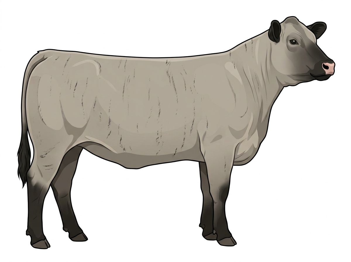 Silver Dun brindle with faint black striping, black points and ticking in the white Charolais Cross Heifer