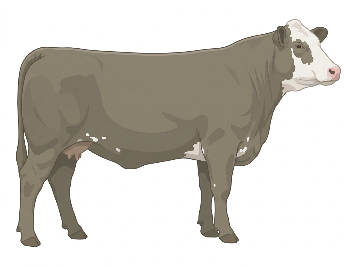 Smoky with a partial white face and a few white spots Charolais Cross Cow