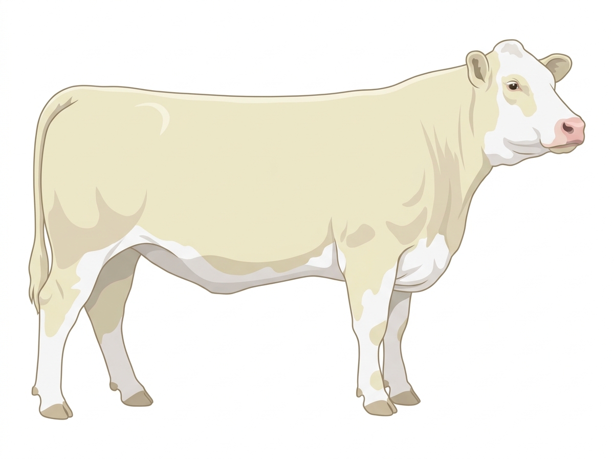 White with minimal white face markings and a few white spots Charolais Cross Cow