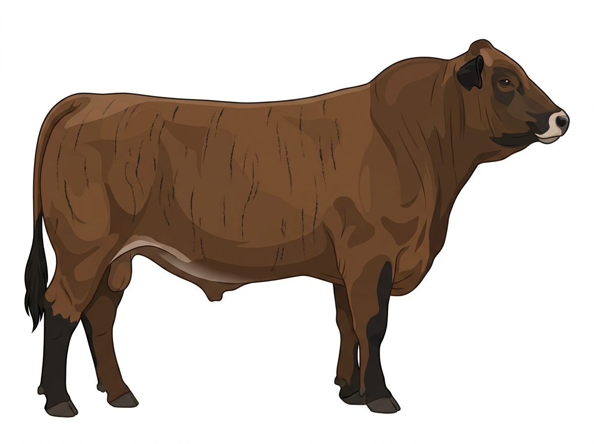 Brown brindle with faint black striping, black points and a pale muzzle ring and lighter underline Chianina Cross Bull