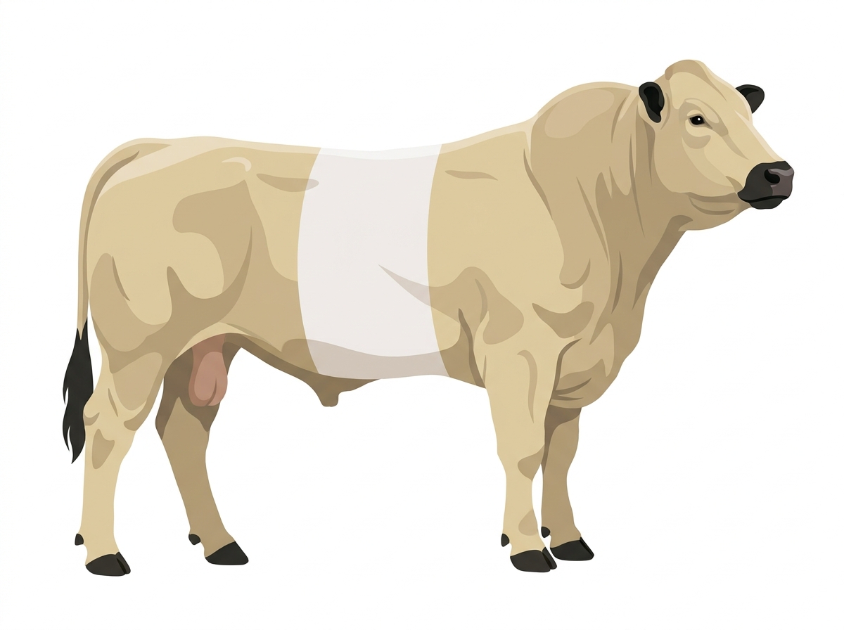 Cream with black points and a white belt around the midsection Chianina Cross Bull