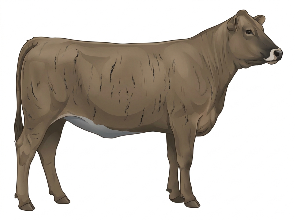 Dun brindle with faint black striping and a pale muzzle ring and lighter underline Chianina Cross Heifer