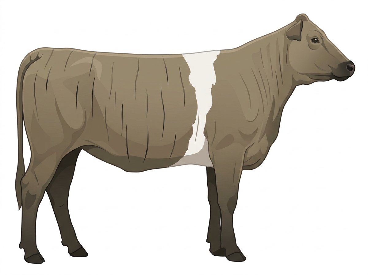 Dun brindle with faint black striping and a white belt around the midsection Chianina Cross Heifer