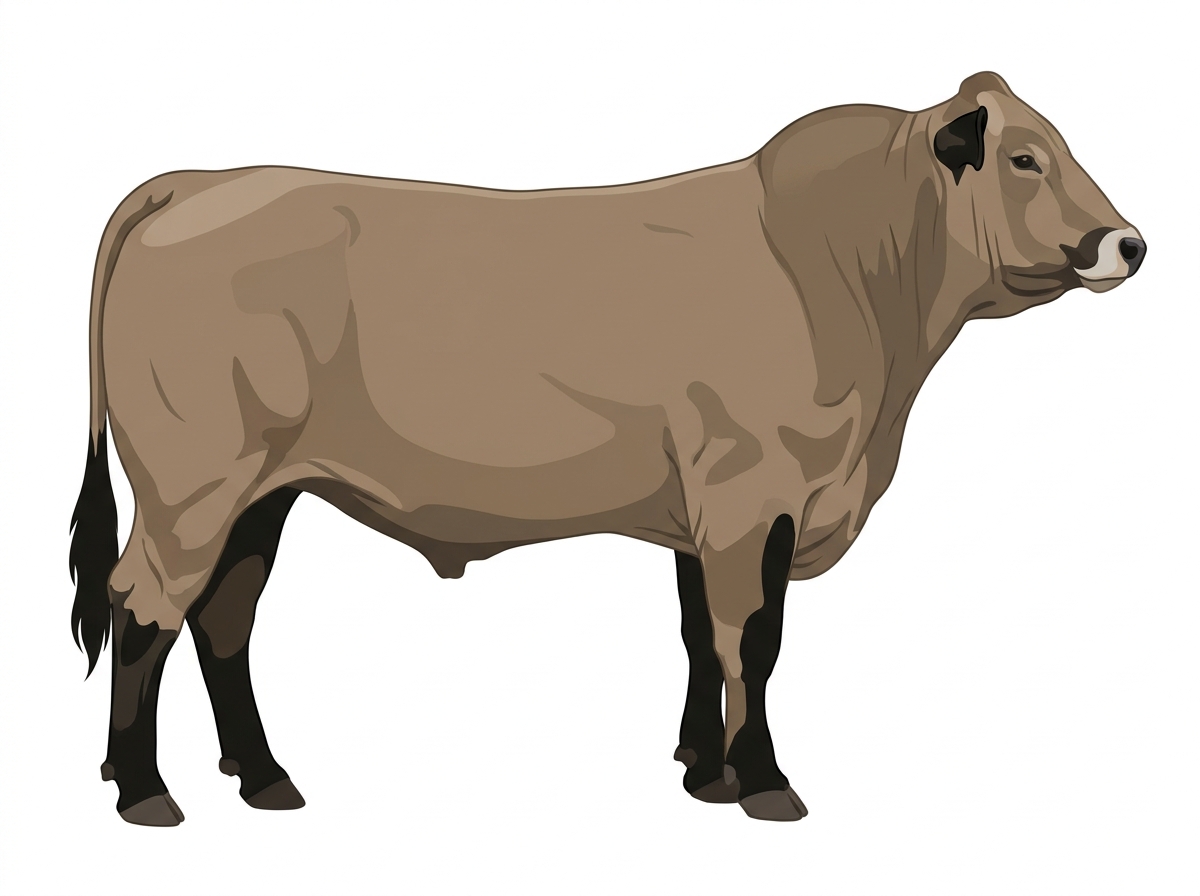 Dun with black points and a pale muzzle ring and lighter underline Chianina Cross Bull