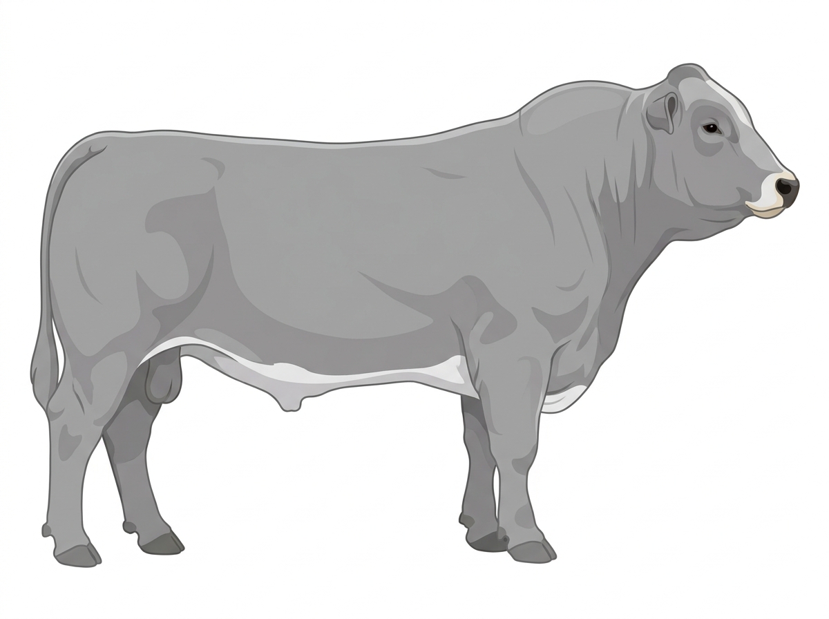 Gray with a pale muzzle ring and lighter underline and a partial white face Chianina Cross Bull
