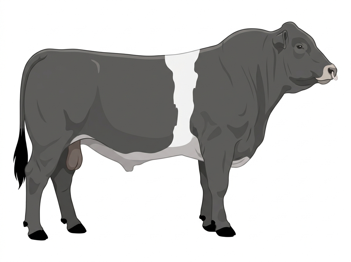 Gray with a pale muzzle ring and lighter underline and a white belt around the midsection Chianina Cross Bull