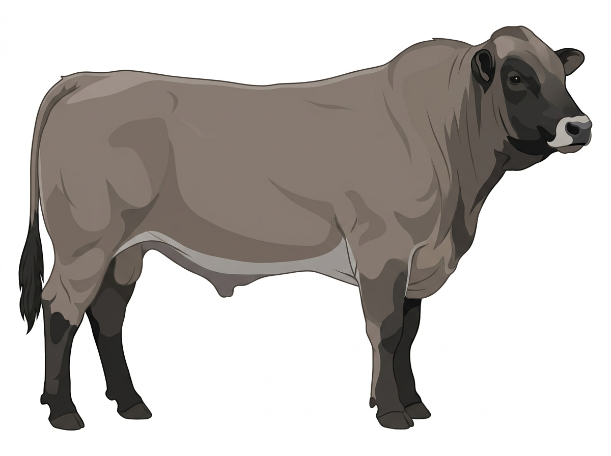 Gray with black points and a pale muzzle ring and lighter underline Chianina Cross Bull