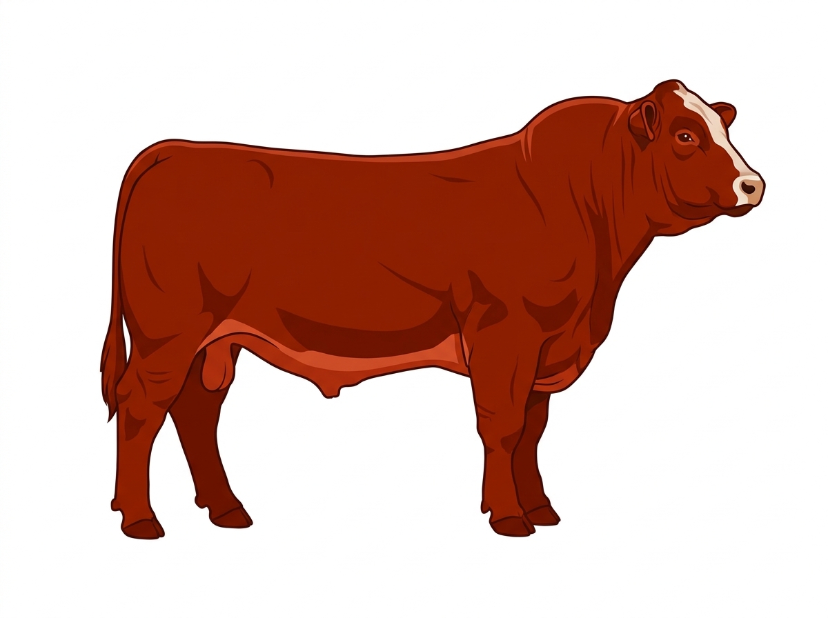 Red with a pale muzzle ring and lighter underline and a partial white face Chianina Cross Bull