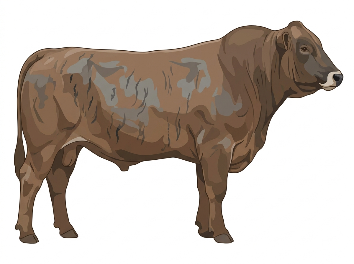 Smoky brindle with faint black striping and a pale muzzle ring and lighter underline Chianina Cross Bull