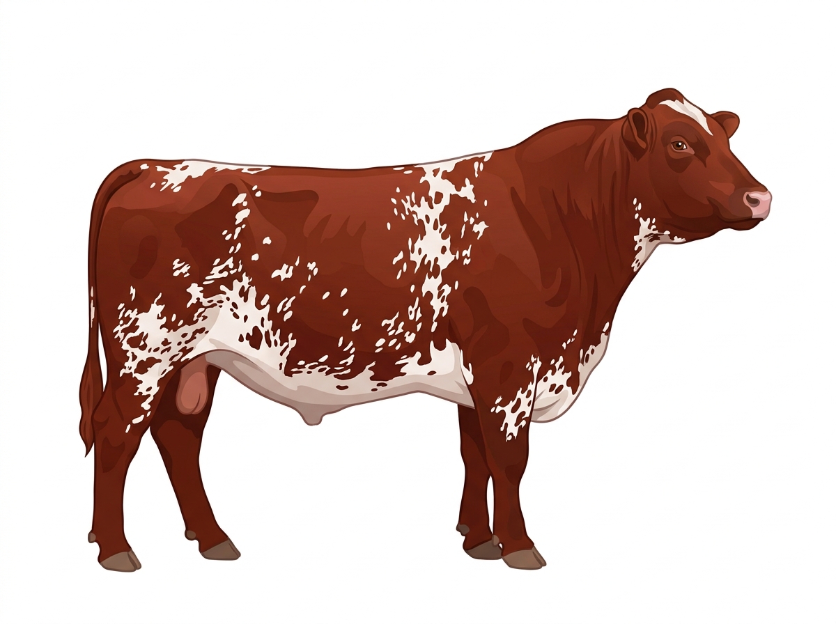 Red heavy roan with white spots with ticking Fullblood Shorthorn Bull