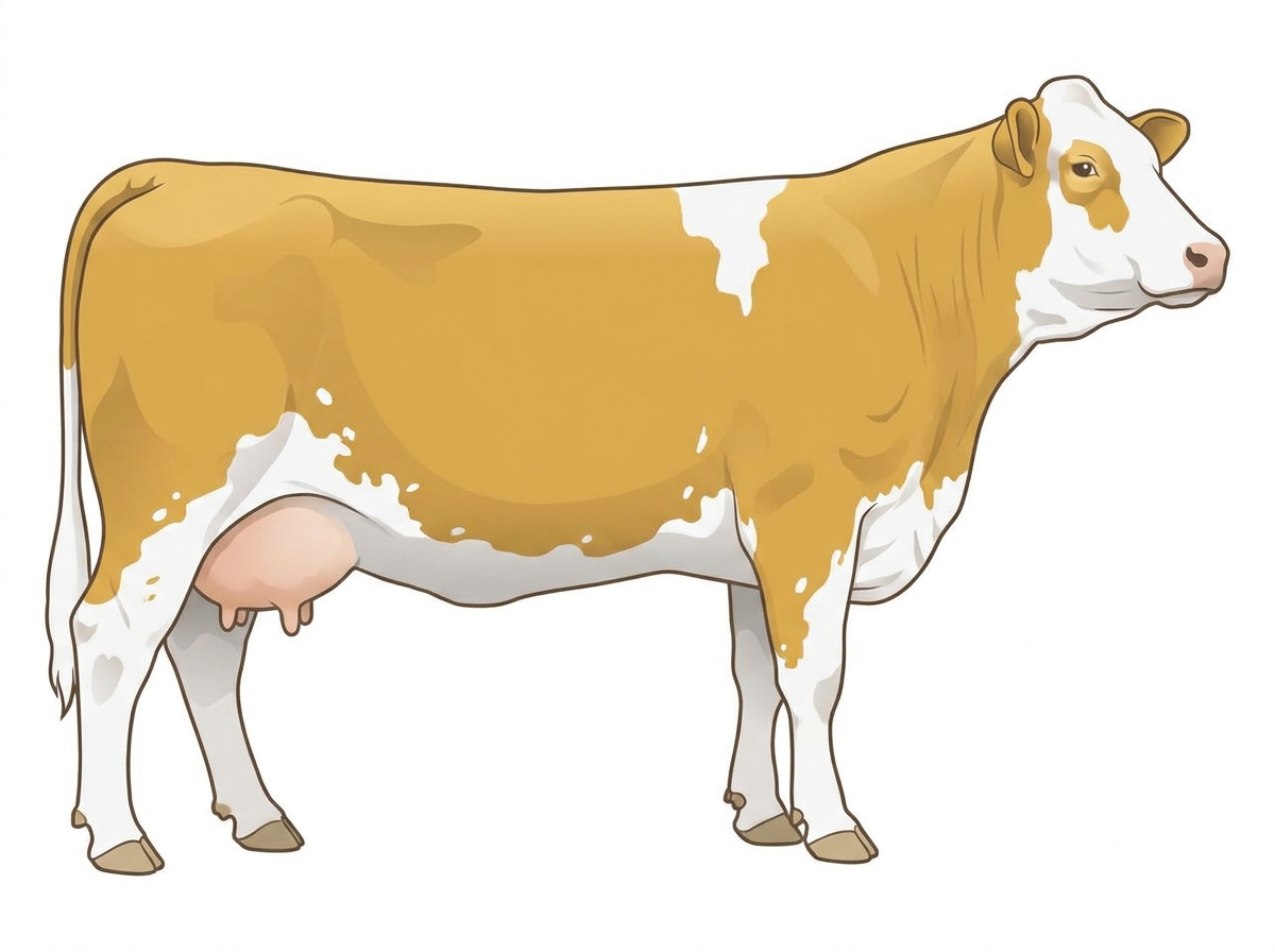Gold with a few white spots and ticking in the white Fullblood Simmental Cow
