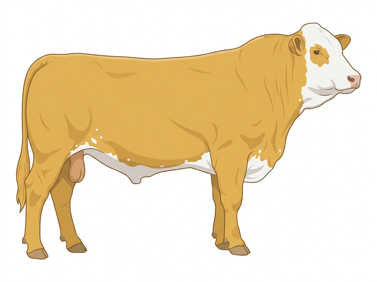 Gold with a full white face, white brisket and underline, a few white spots and ticking in the white Fullblood Simmental Bull