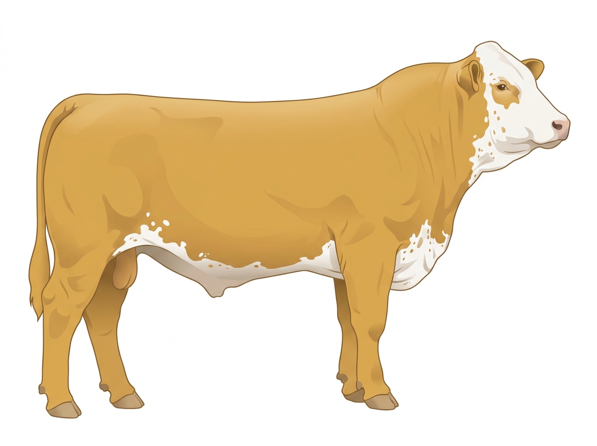 Gold with a full white face, white brisket and underline, a few white spots and ticking in the white Fullblood Simmental Steer
