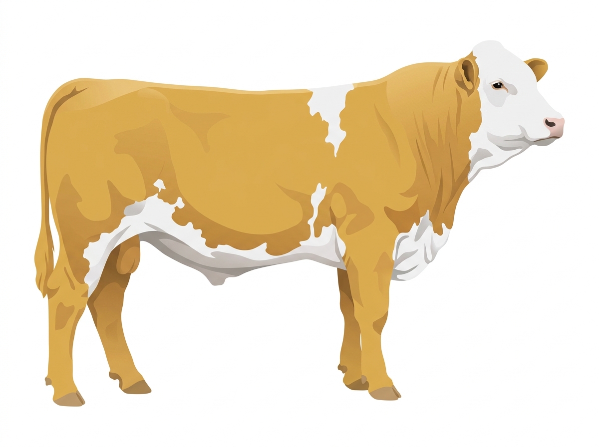 Gold with a full white face, white brisket and underline and colored patches on a mostly white body Fullblood Simmental Steer
