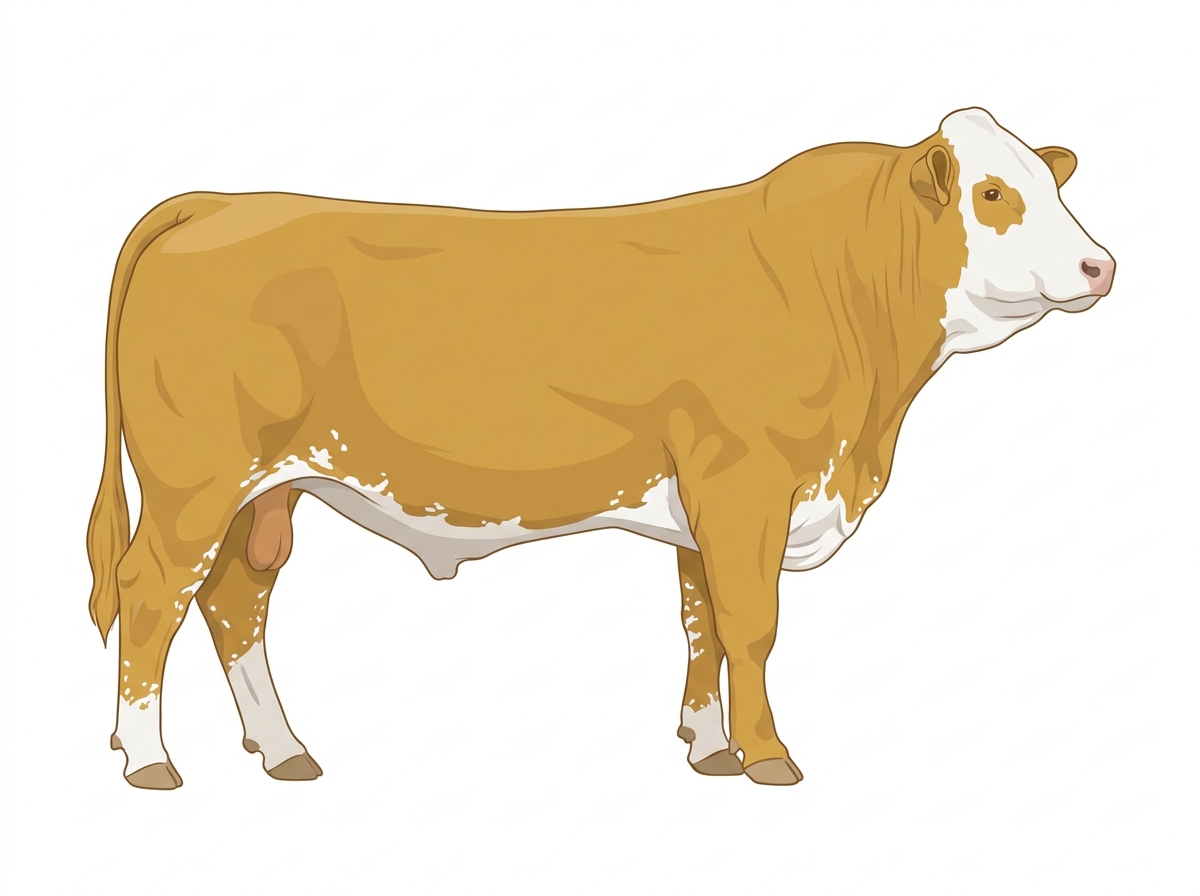 Gold with a full white face, white brisket and underline and ticking in the white Fullblood Simmental Bull